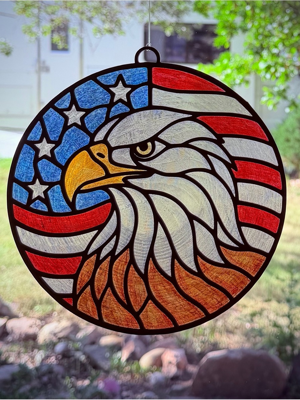 Eagle and Flag Suncatcher, Colored Stained Glass Window Decor, Pre-Colored